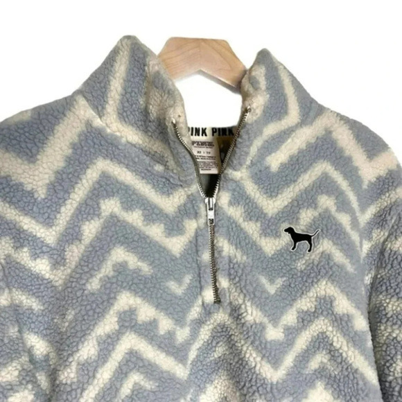 PINK VS XS‎ 1/4 zip blue + cream boyfriend geometric Sherpa fleece pullover - Picture 3 of 6
